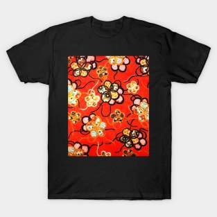 STYLIZED FLOWERS ,BLACK WHITE RIBBONS IN BRIGHT RED Antique Japanese Floral T-Shirt